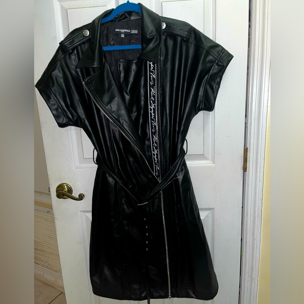 Karl Lagerfeld Paris faux black leather zip up belted trench coat